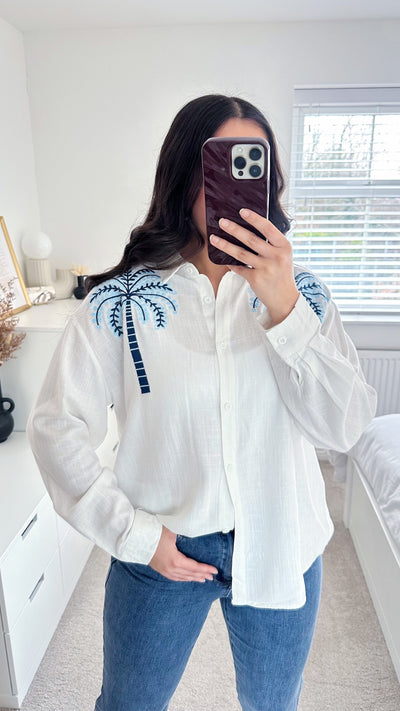 Palm Tree Embroidered Linen Shirt - WHITE