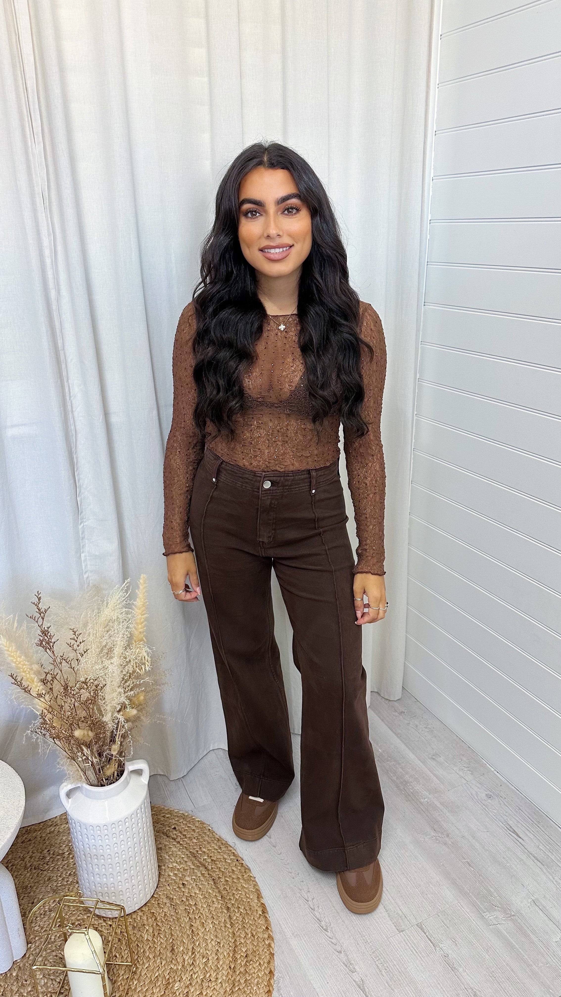 Rhinestone Lace Long Sleeve Top - BROWN