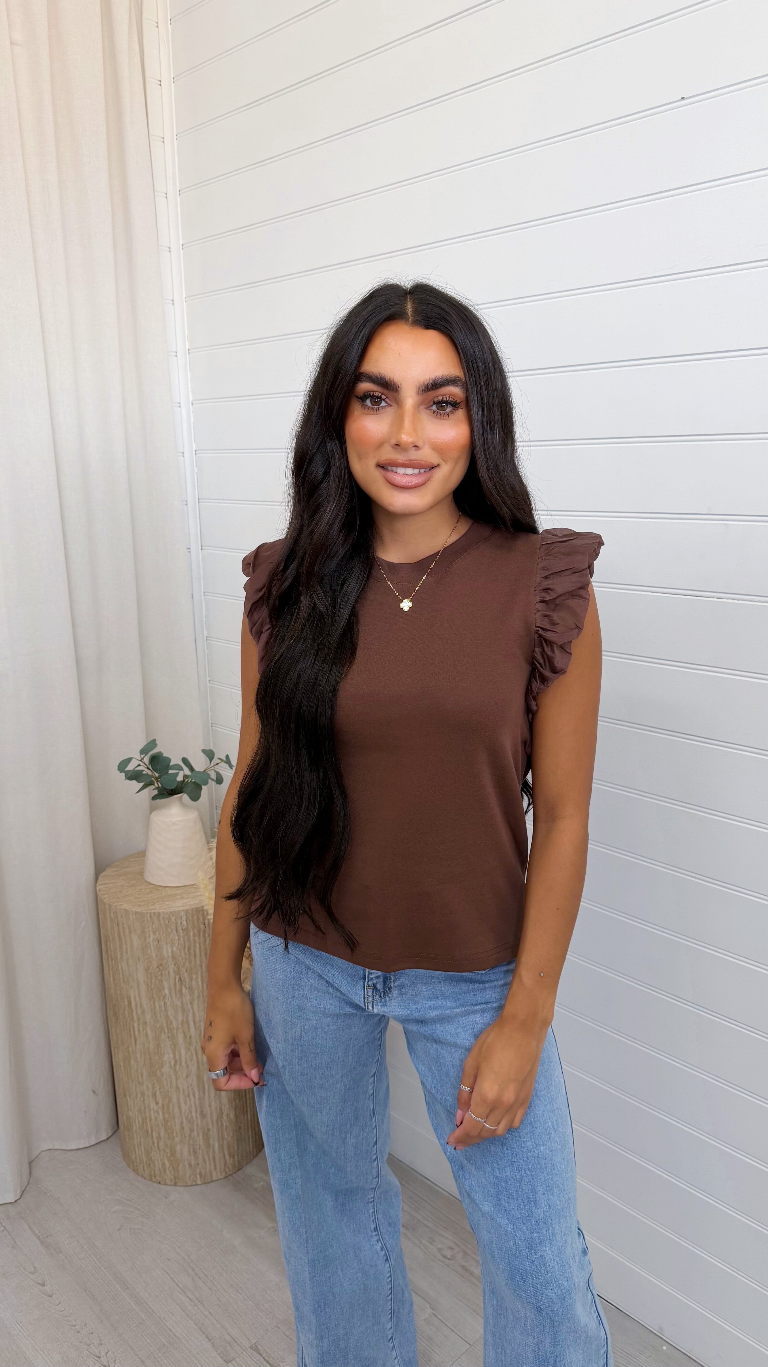 Tulle Sleeve Vest Top - BROWN