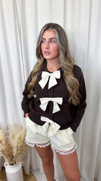 Woollen Mini Bow Cardigan - BROWN