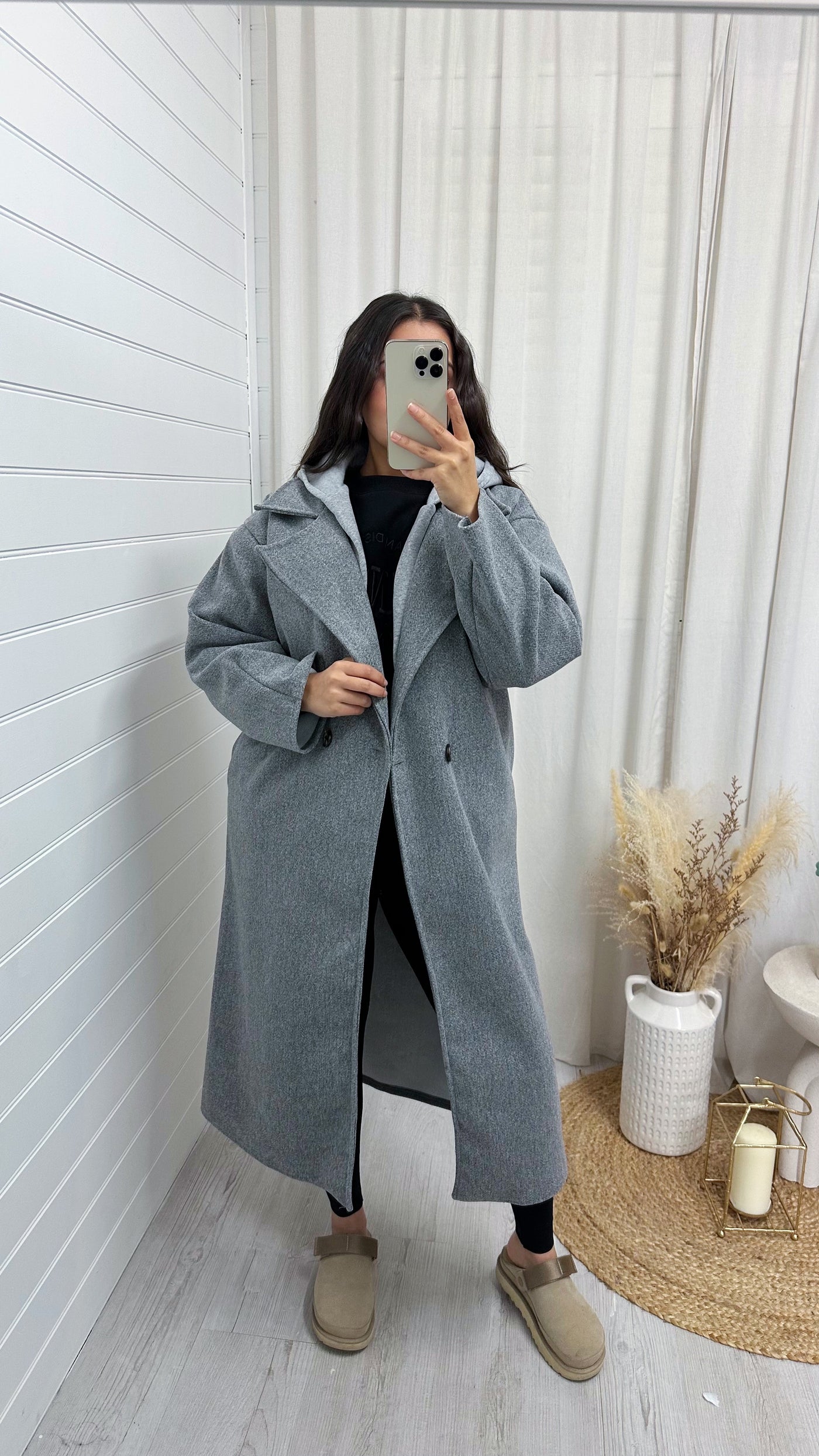 Oversized Woollen Hooded Mac - GREY