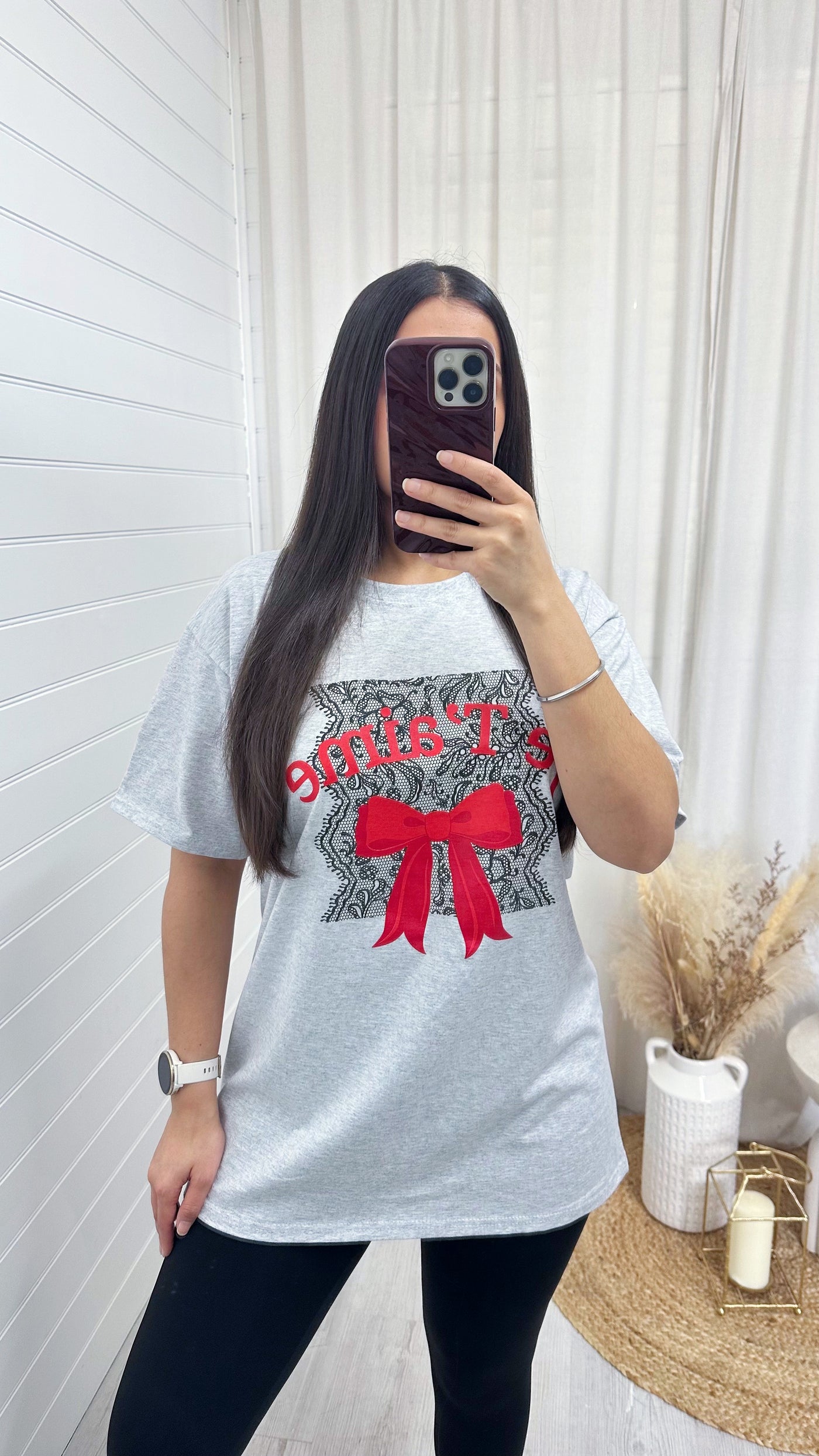 Oversized Je Taime Lace Bow T-Shirt - GREY