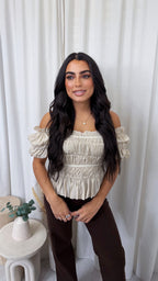 Shirred Bardot Crop Top - BEIGE