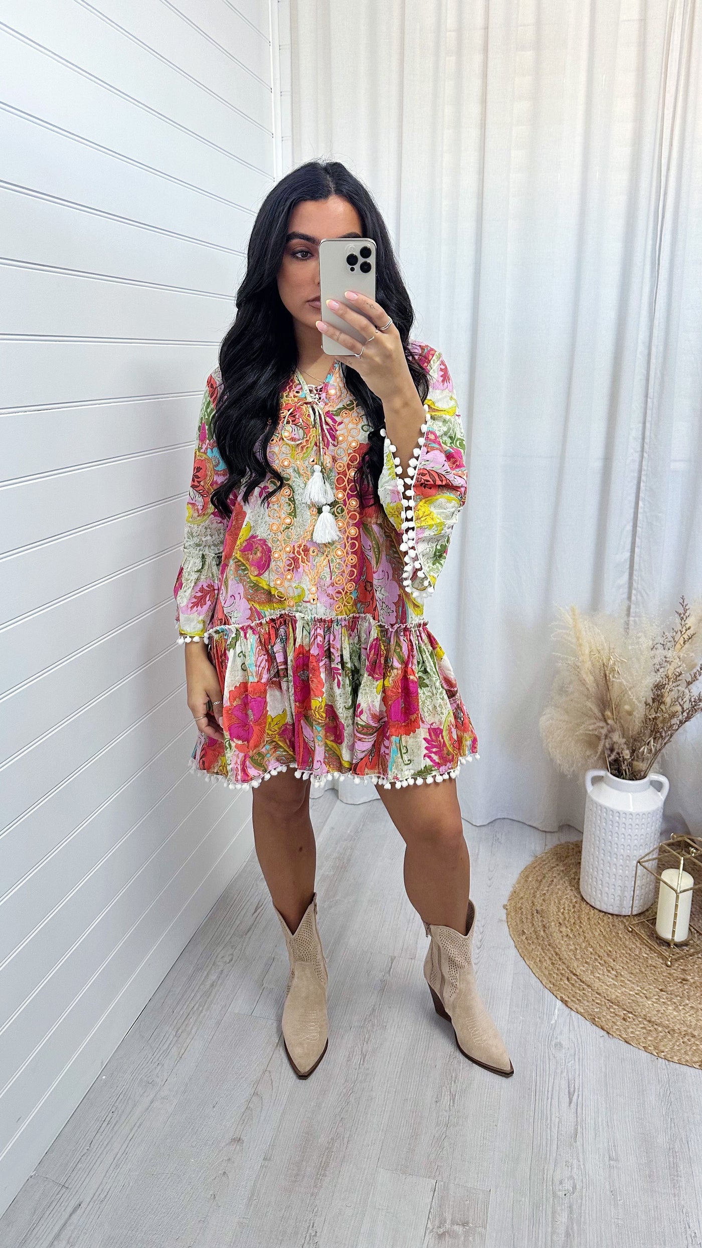 Embroidered Floral Bell Sleeve Dress - PINK/ORANGE
