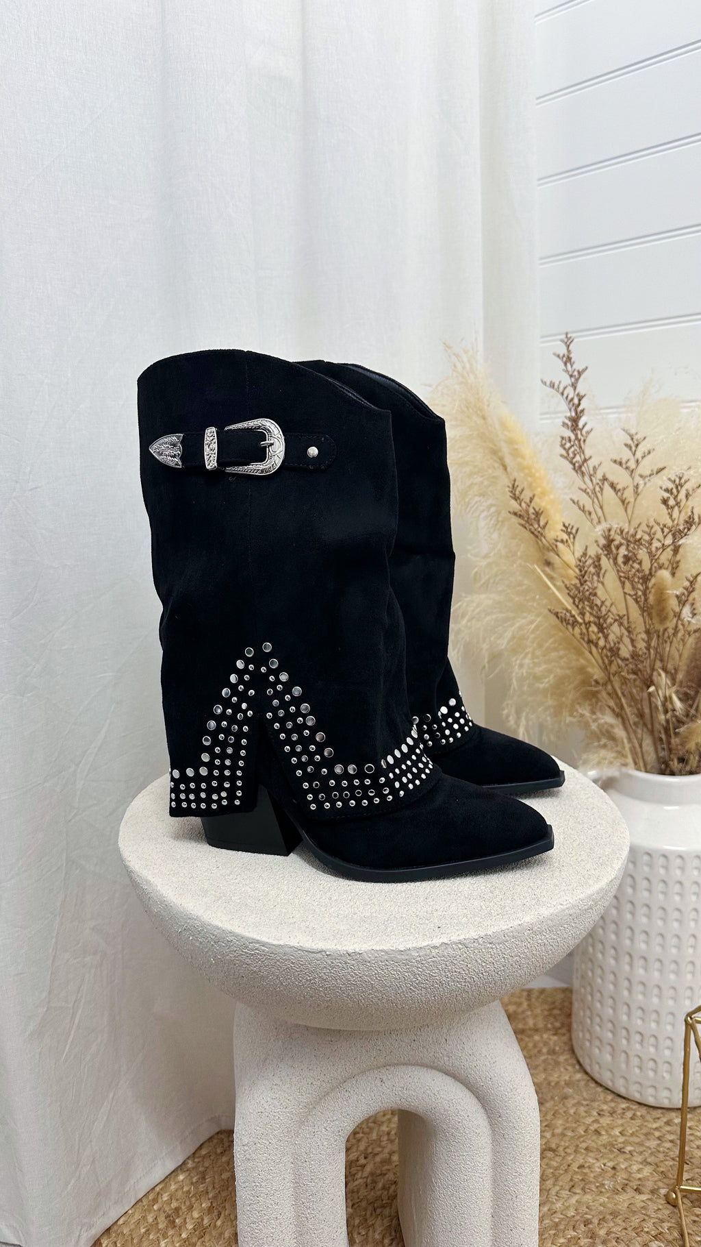 Silver Stud Fold Over Cowboy Boots - BLACK