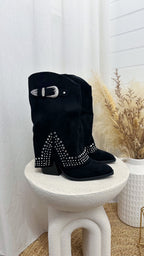 Silver Stud Fold Over Cowboy Boots - BLACK