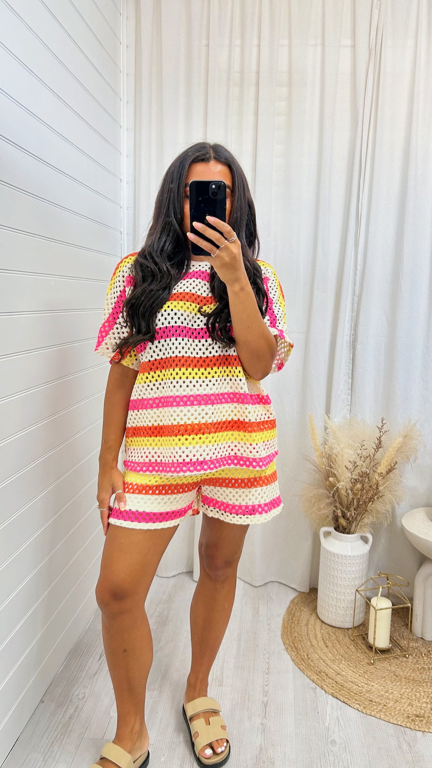 Mesh Striped T-Shirt and Shorts Co-Ord - PINK/ORANGE