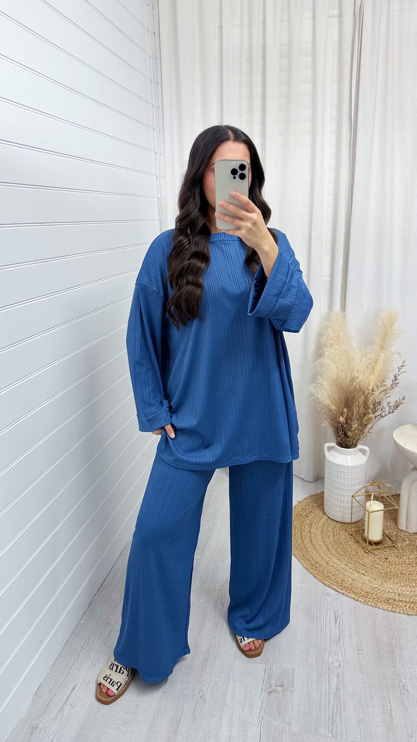 Long Sleeve Ribbed Top and Trousers Co-Ord - DENIM BLUE