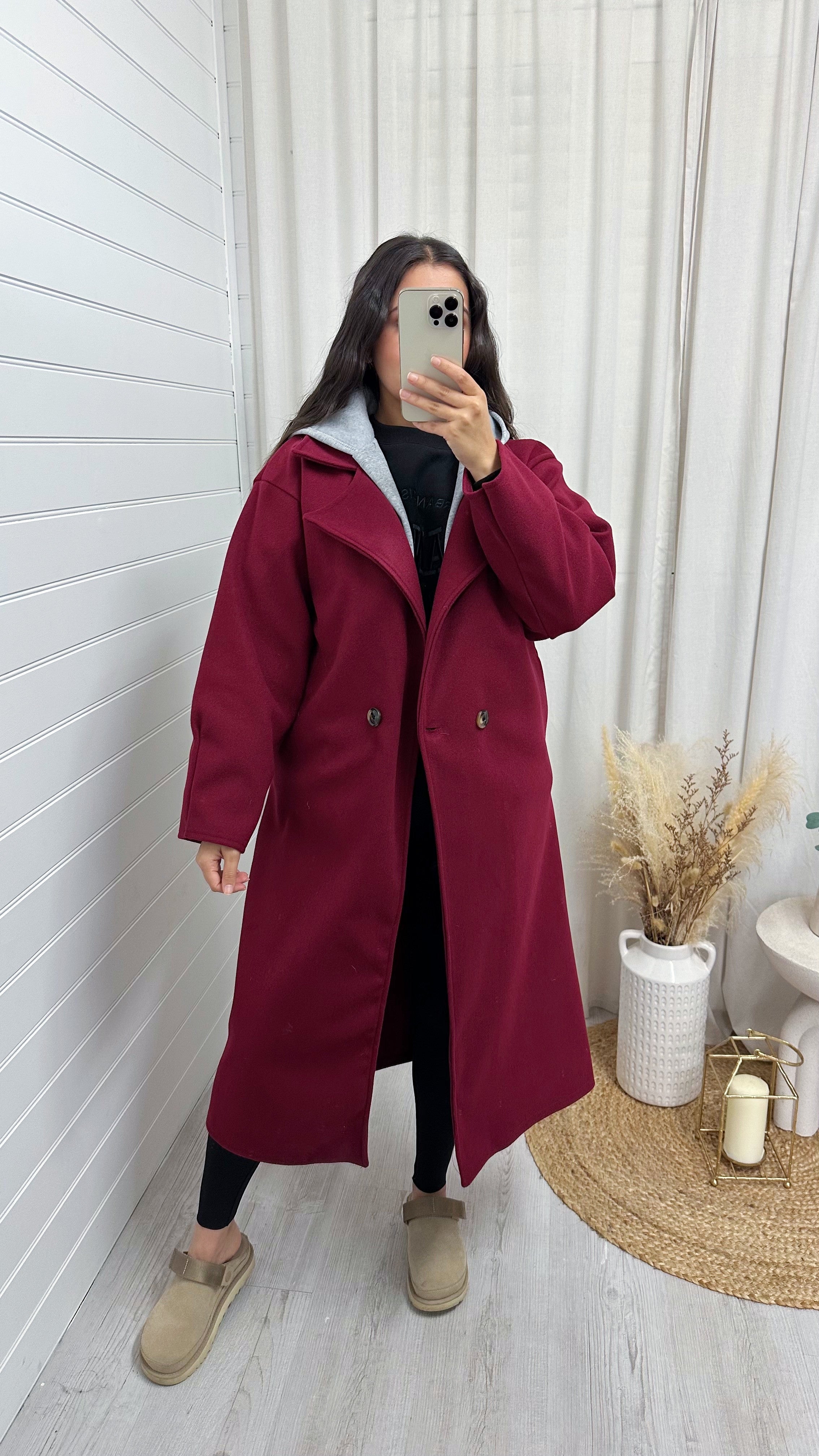 Oversized Woollen Hooded Mac - RUBY RED