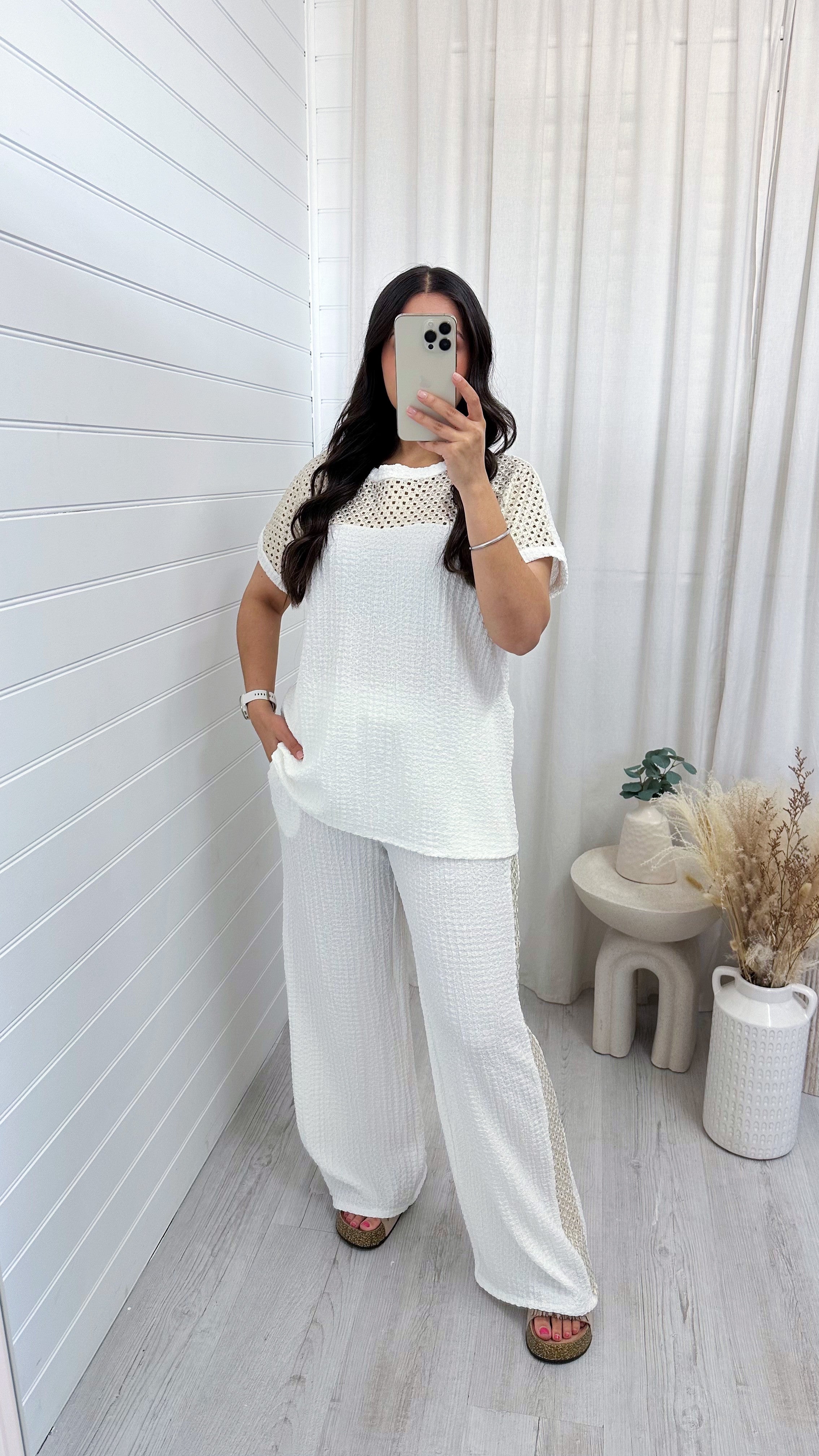 Metallic Mesh T-Shirt and Trouser Co-Ord - WHITE
