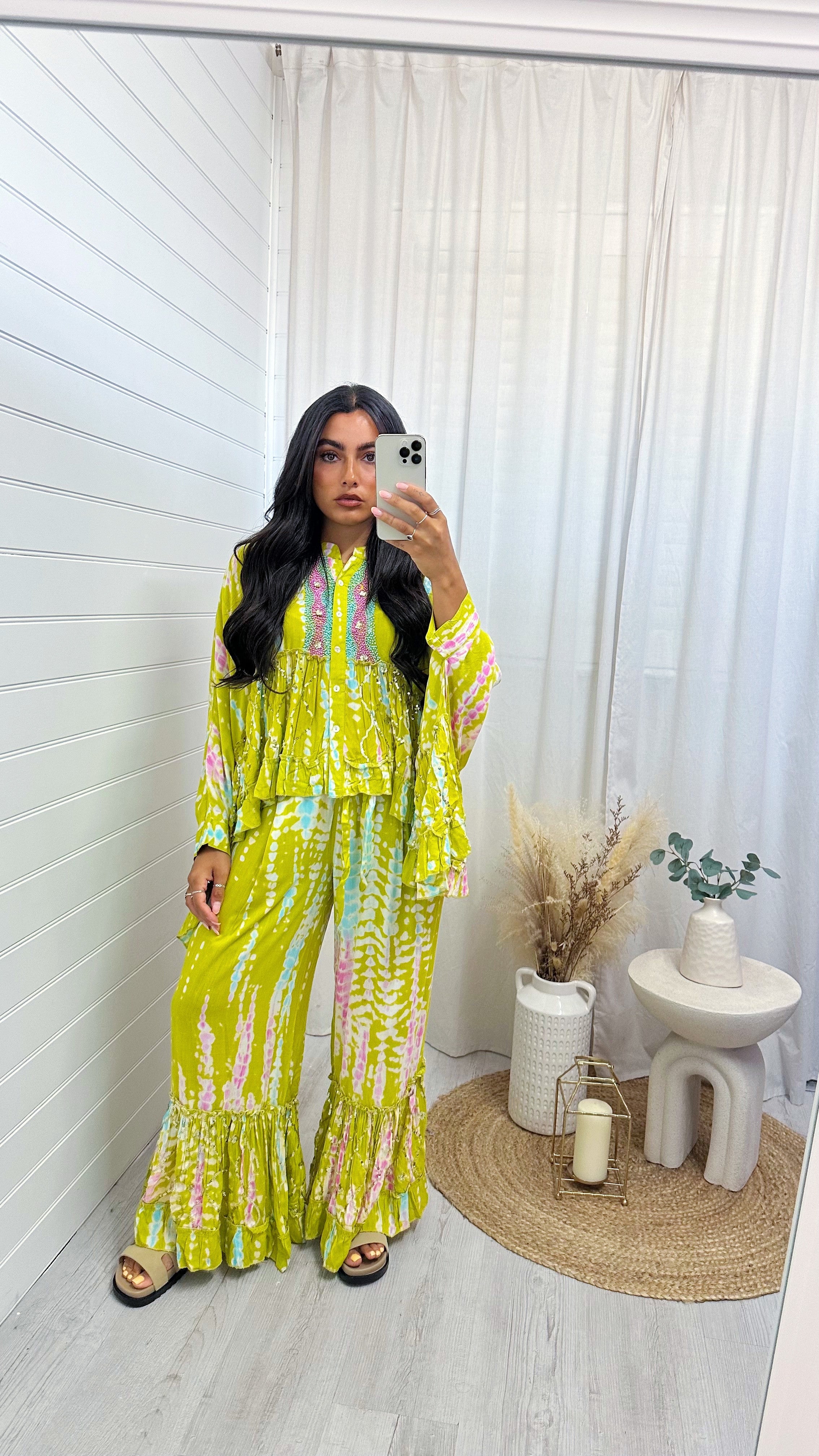 Tie Dye Pleated Sleeve Beaded Co-Ord - LIME