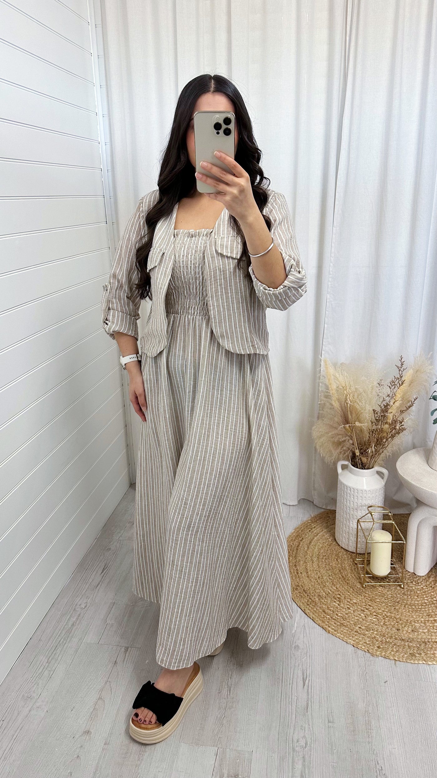 Pinstripe Linen Jacket and Dress Set - BEIGE