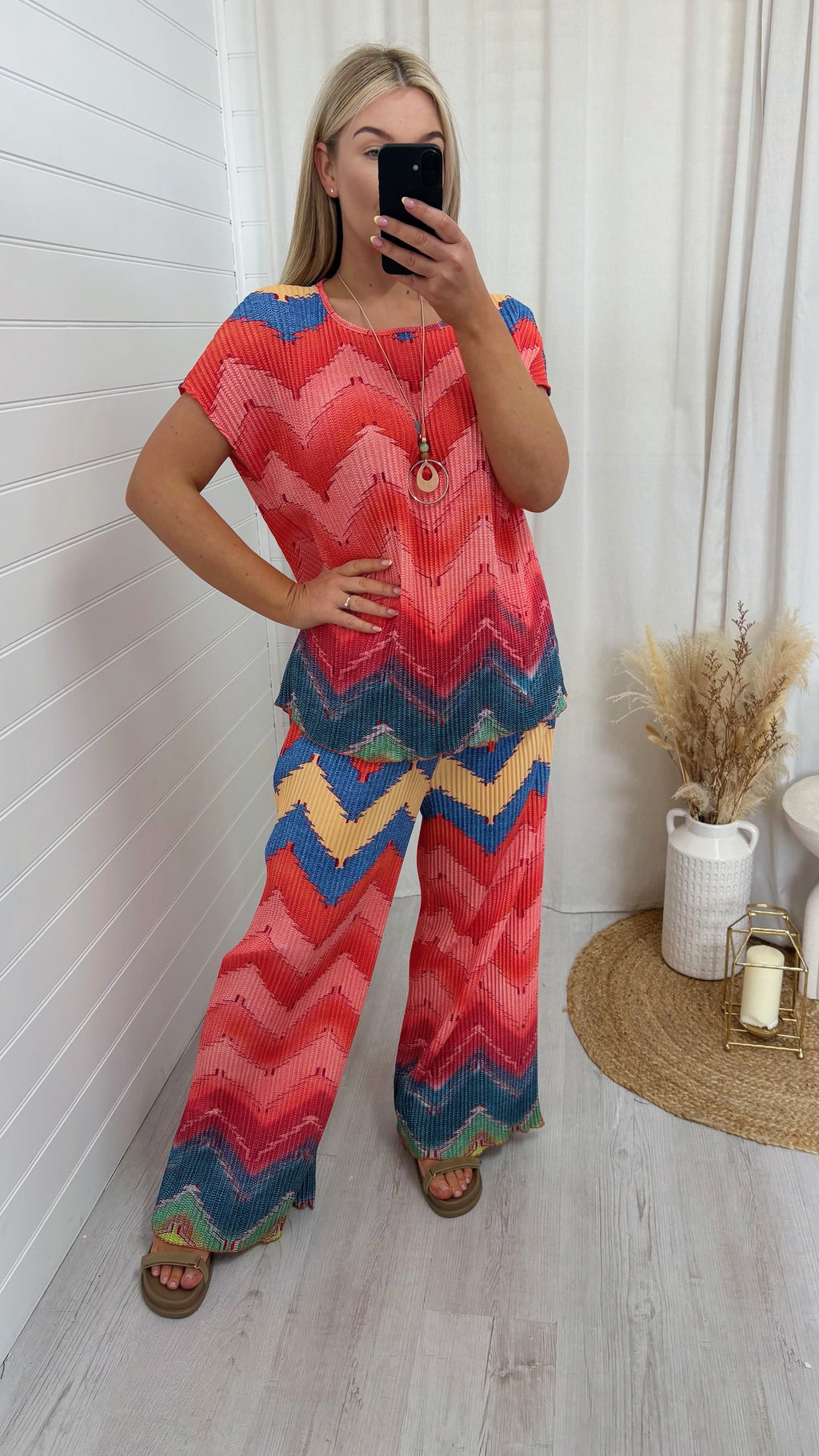 Zig Zag Pleated Top and Trousers Co-Ord - ORANGE