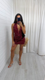 Cowl Neck Sequin Top and Skirt Set - BURGUNDY