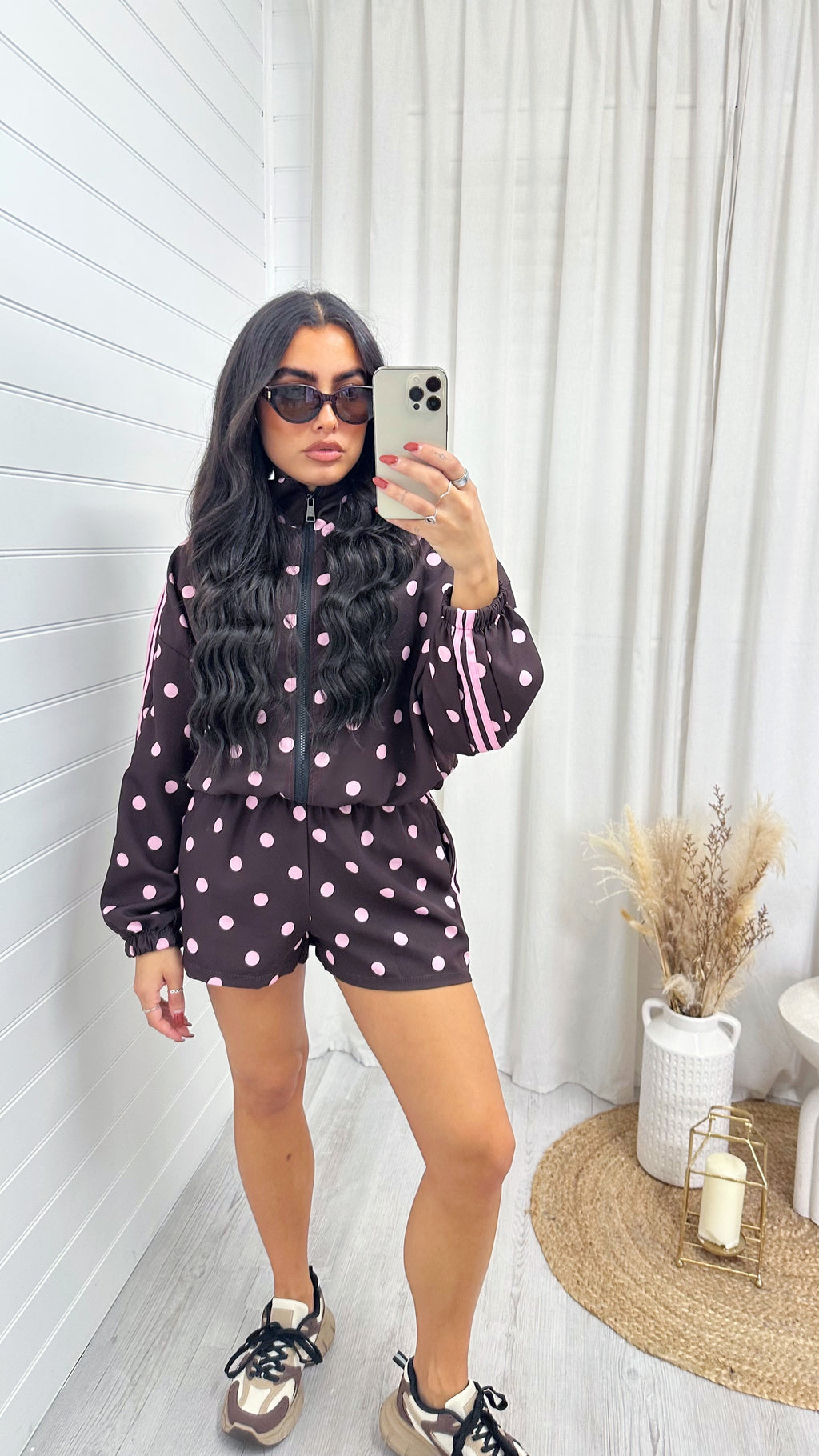 Retro Stripe Polka Dot Jacket and Shorts Co-Ord - BROWN/PINK