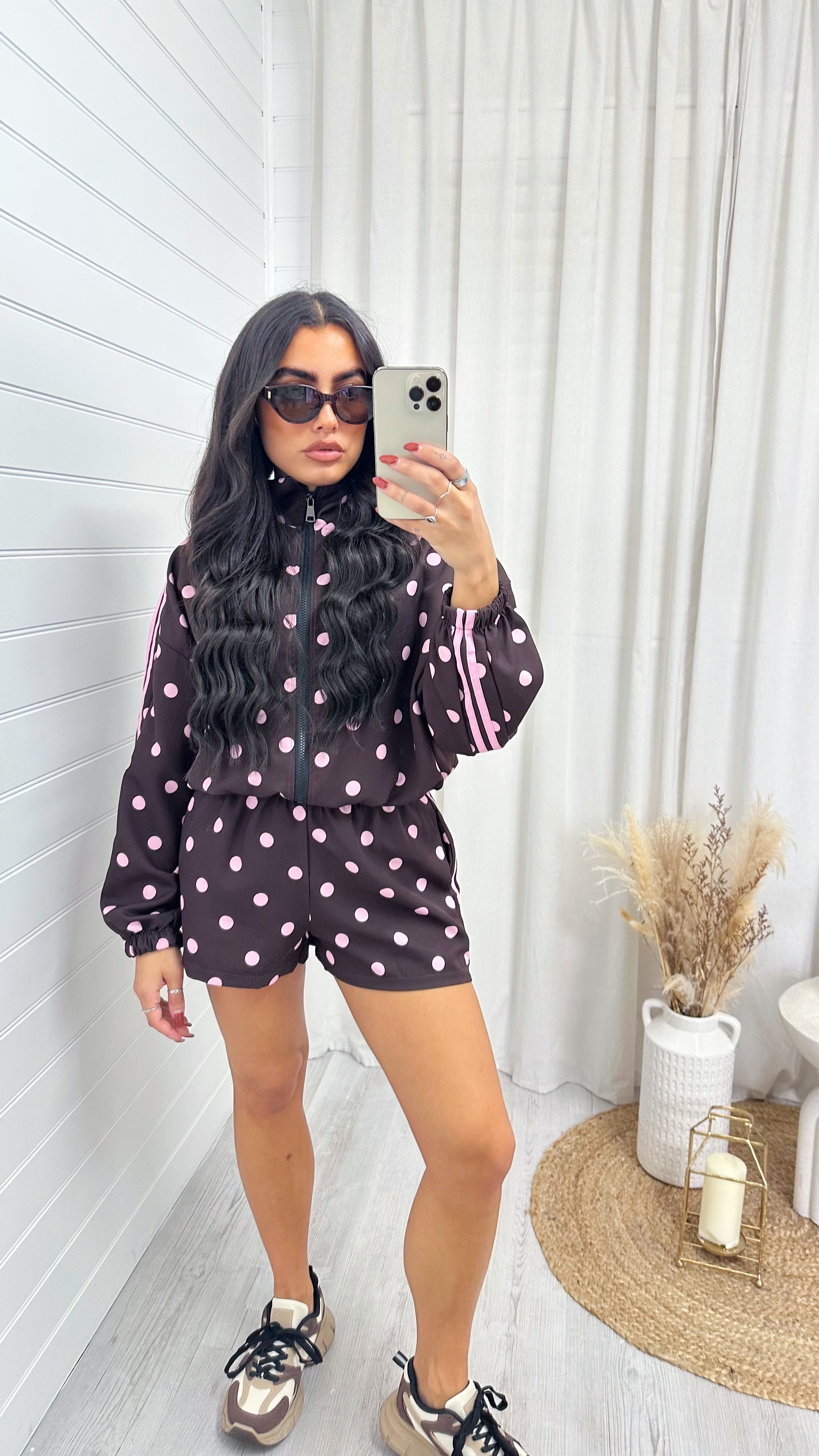 Retro Stripe Polka Dot Jacket and Shorts Co-Ord - BROWN/PINK