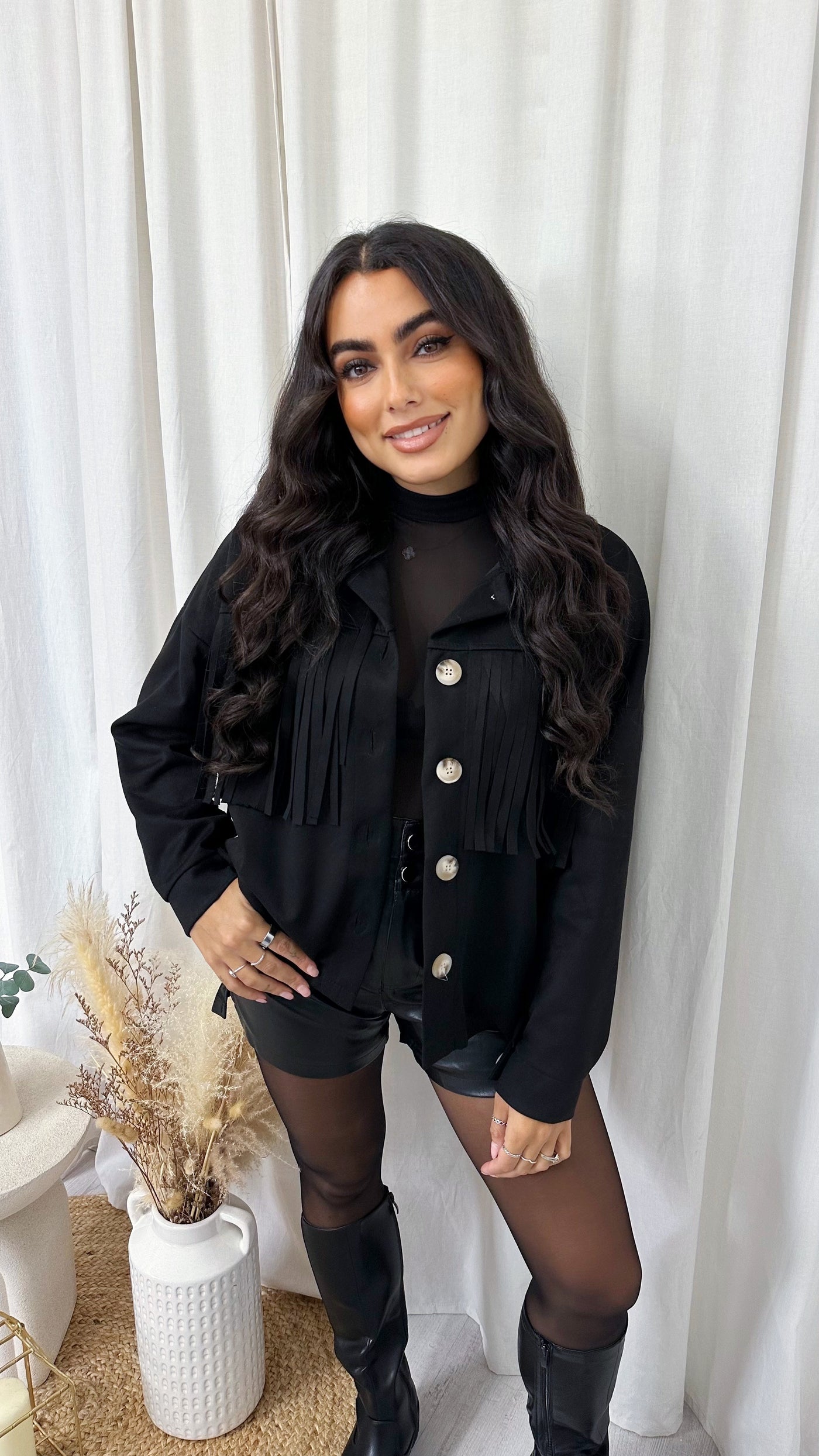 Suede Tassel Trim Jacket - BLACK