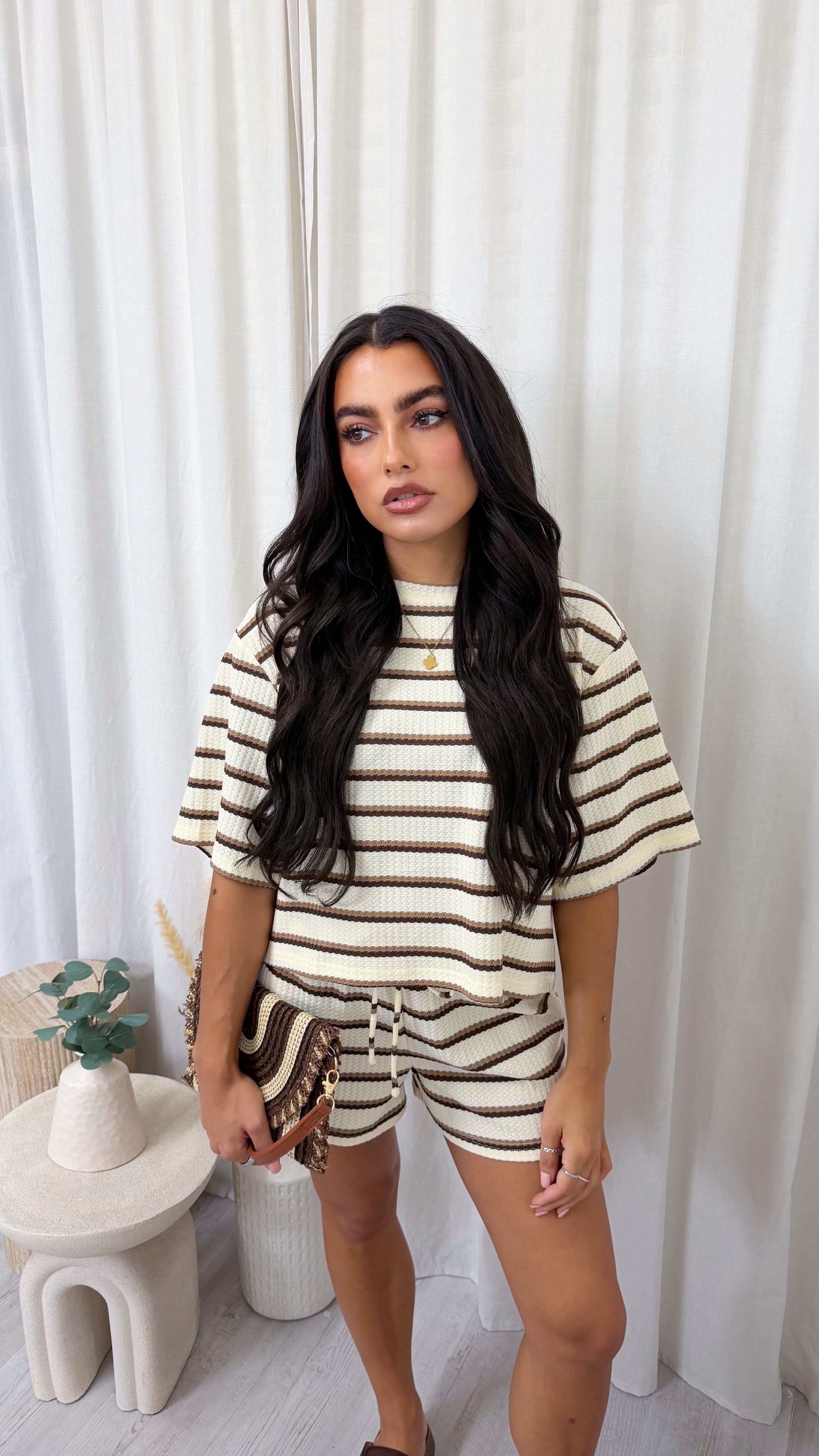 Waffle Stripe Crop Top and Shorts Co-Ord - CREAM