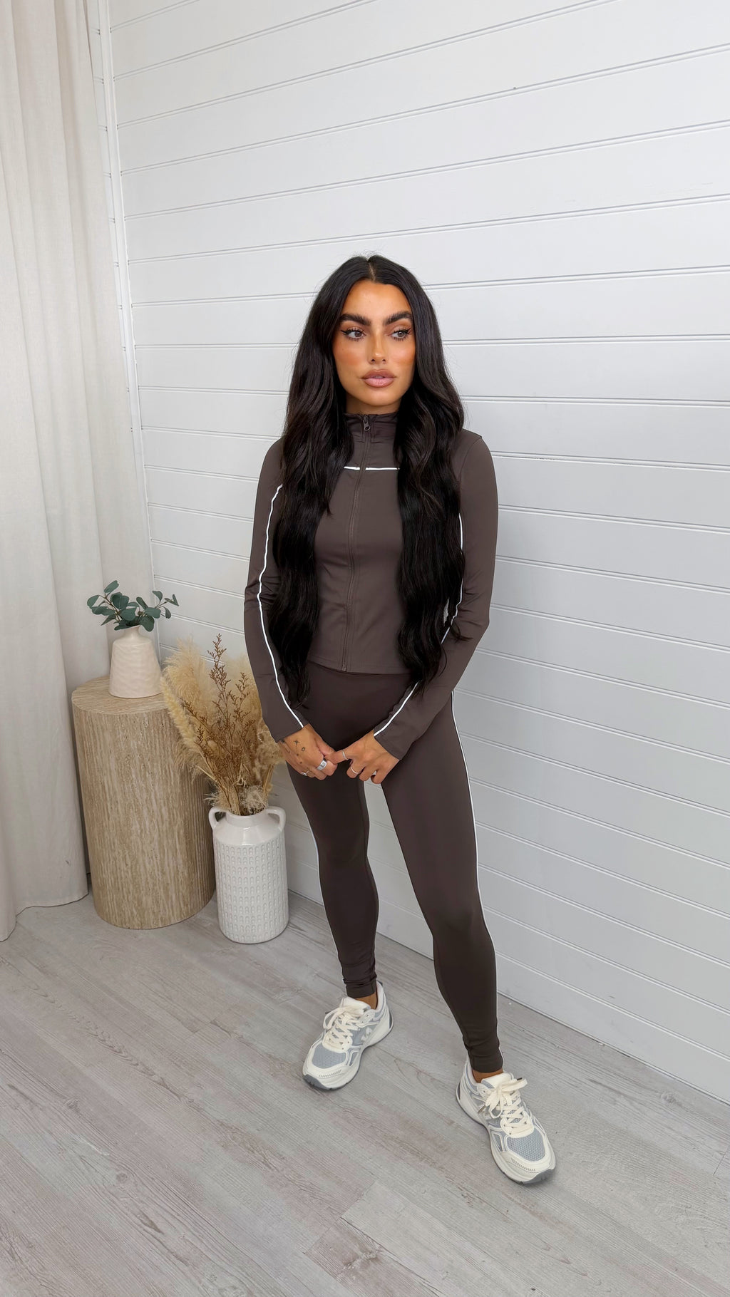 Piped Jacket and Leggings Activewear Set - BROWN