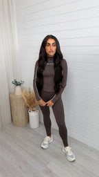 Piped Jacket and Leggings Activewear Set - BROWN