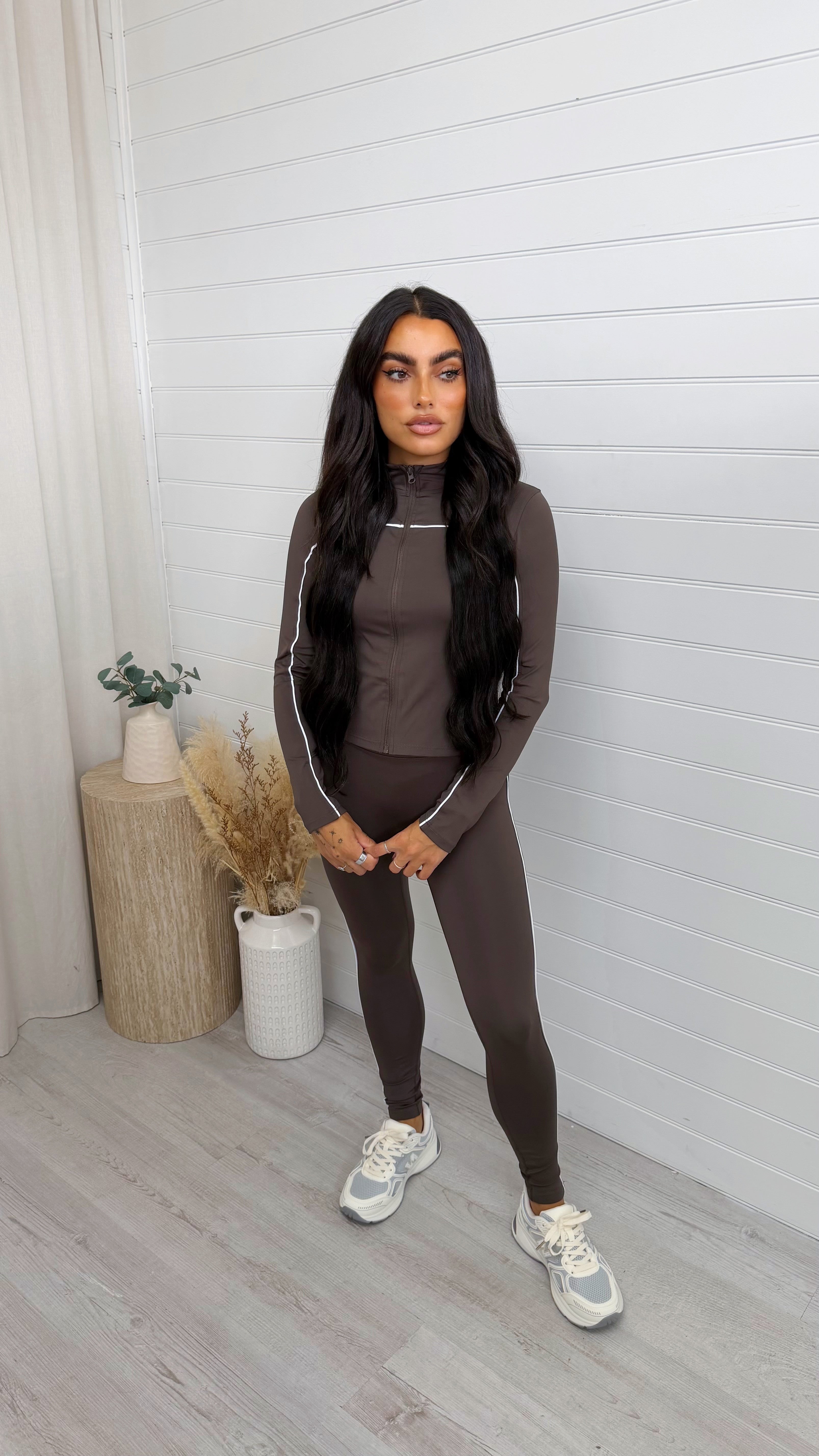 Piped Jacket and Leggings Activewear Set - BROWN
