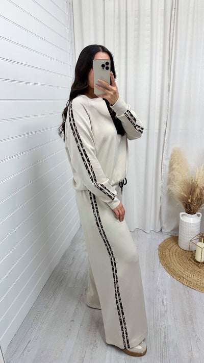 Leopard Trim Sweatshirt and Joggers Co-Ord - CREAM