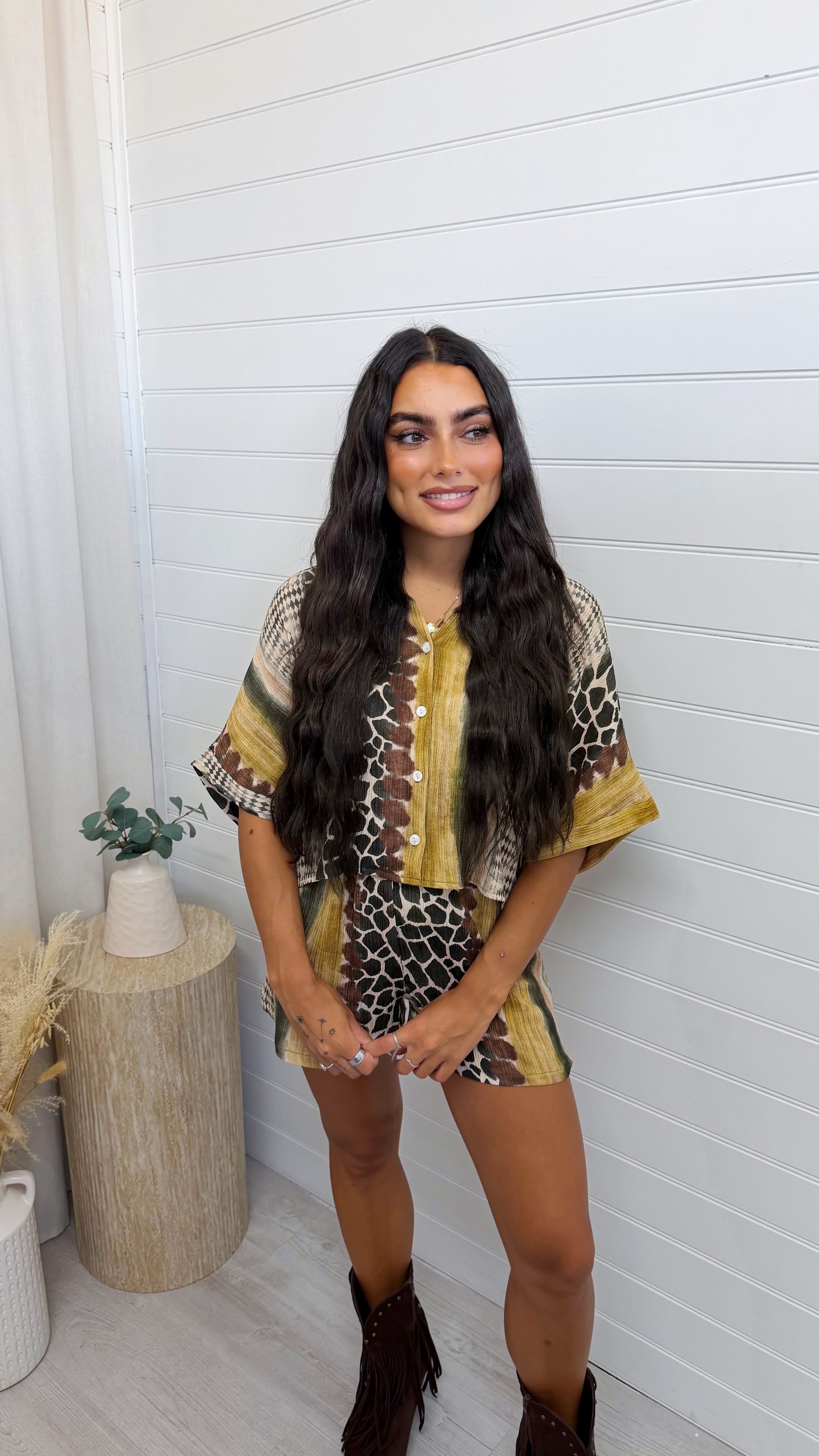 Reptile Print Crop Shirt and Shorts Co-Ord - MUSTARD