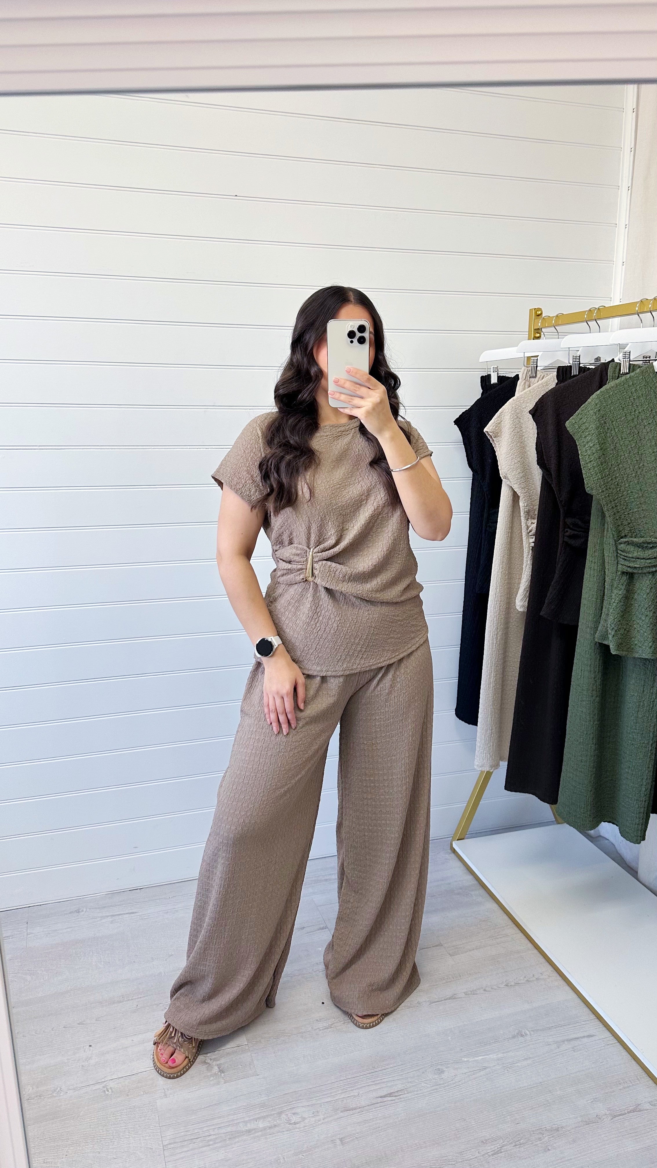 Gold Clasp Ruched Top and Wide Leg Trousers Co-Ord - TAUPE