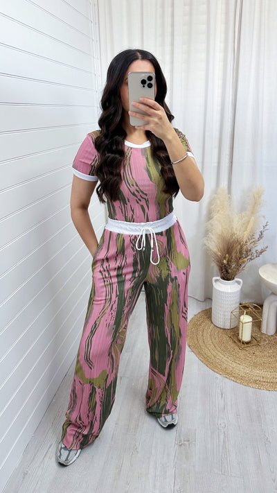 Marble Ribbed White Trim Crop Top and Trouser Co-Ord - PINK/GREEN