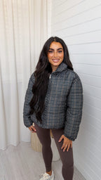 Check Puffer Jacket - NAVY/BROWN