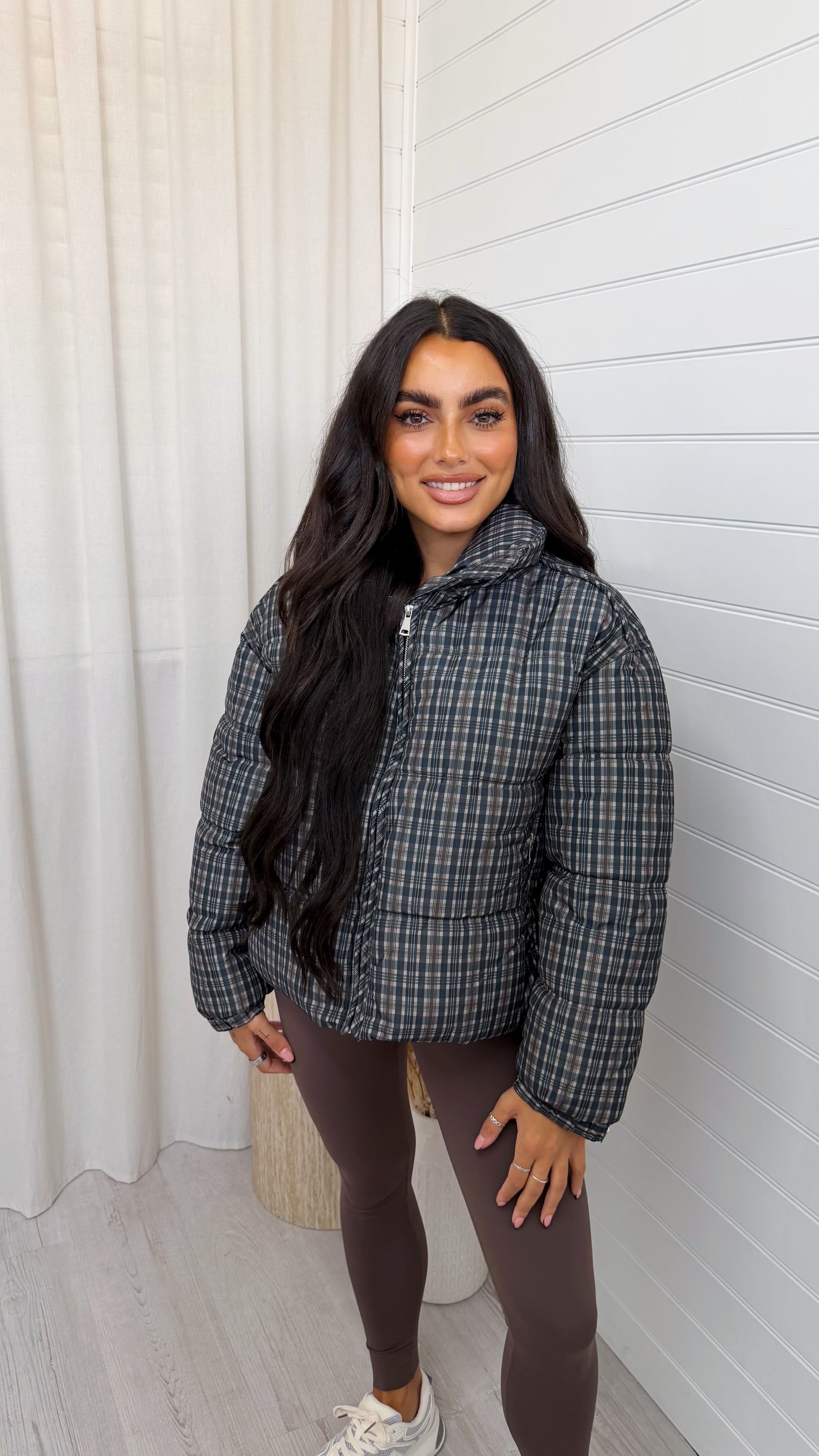 Check Puffer Jacket - NAVY/BROWN