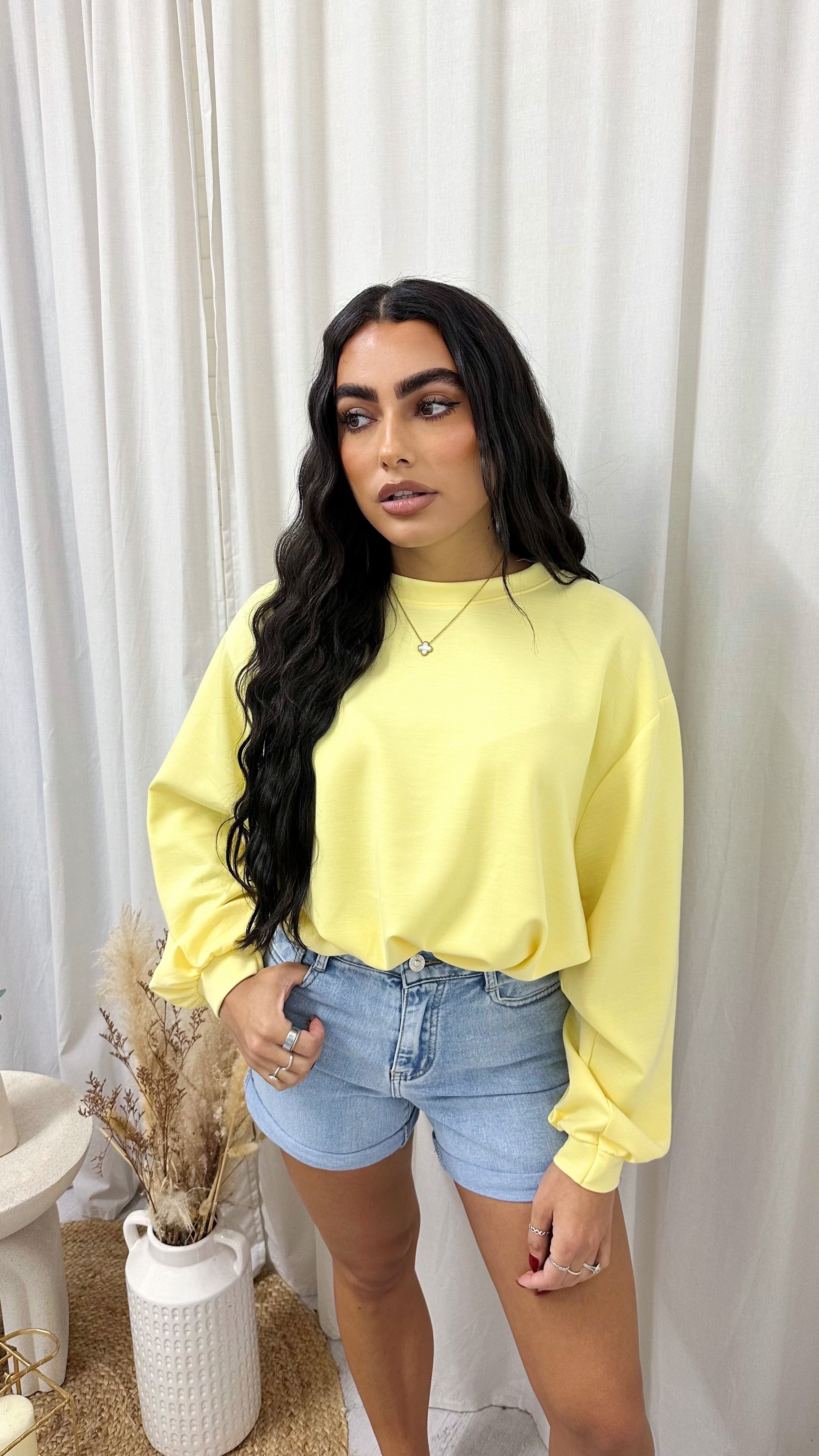 Cropped Long Sleeve Sweatshirt - LEMON