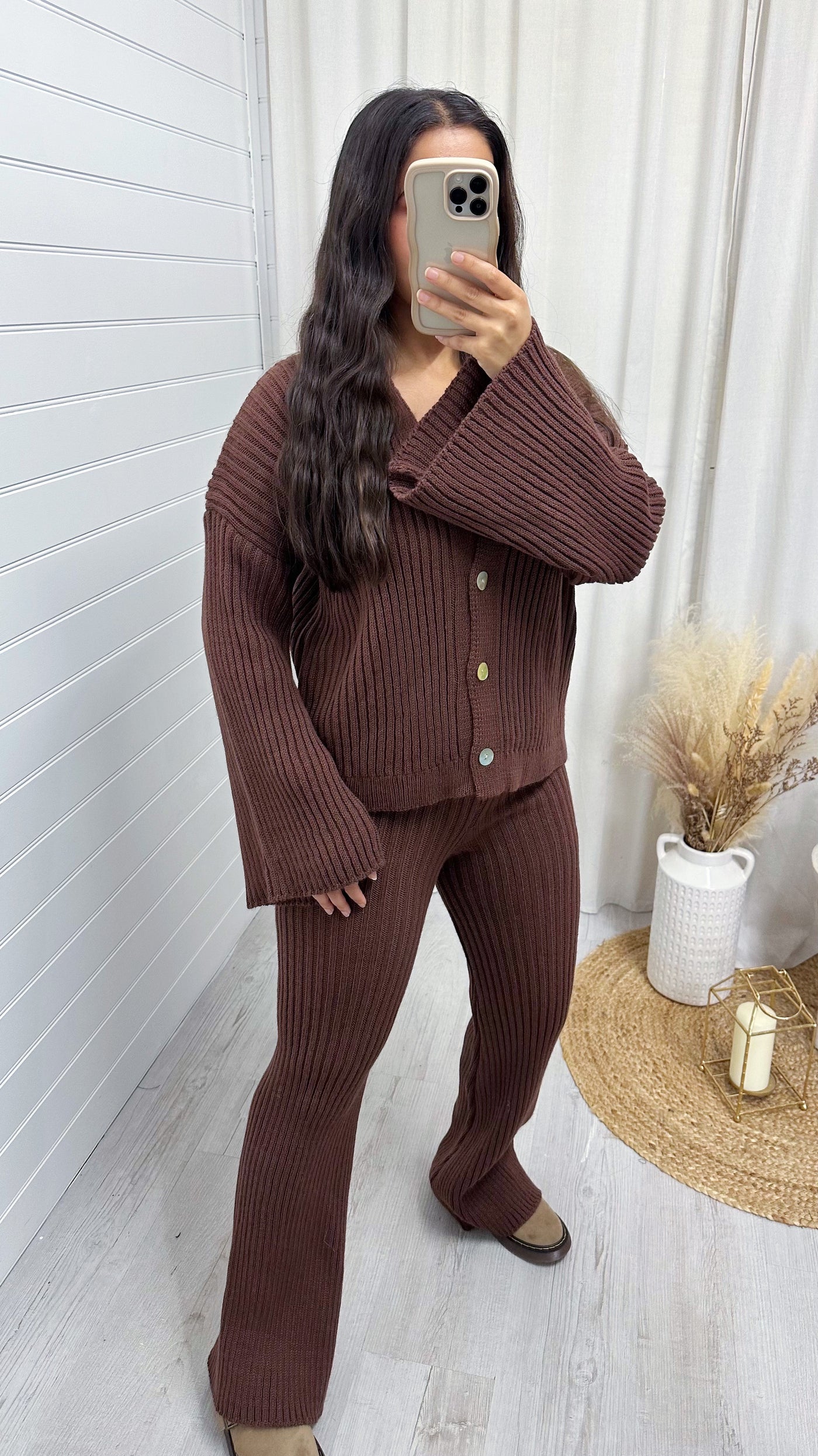 Chunky Knit Cardigan and Flares Co-Ord - BROWN