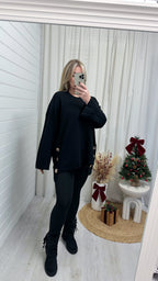 Fine Knitted Gold Button Oversized Jumper - BLACK