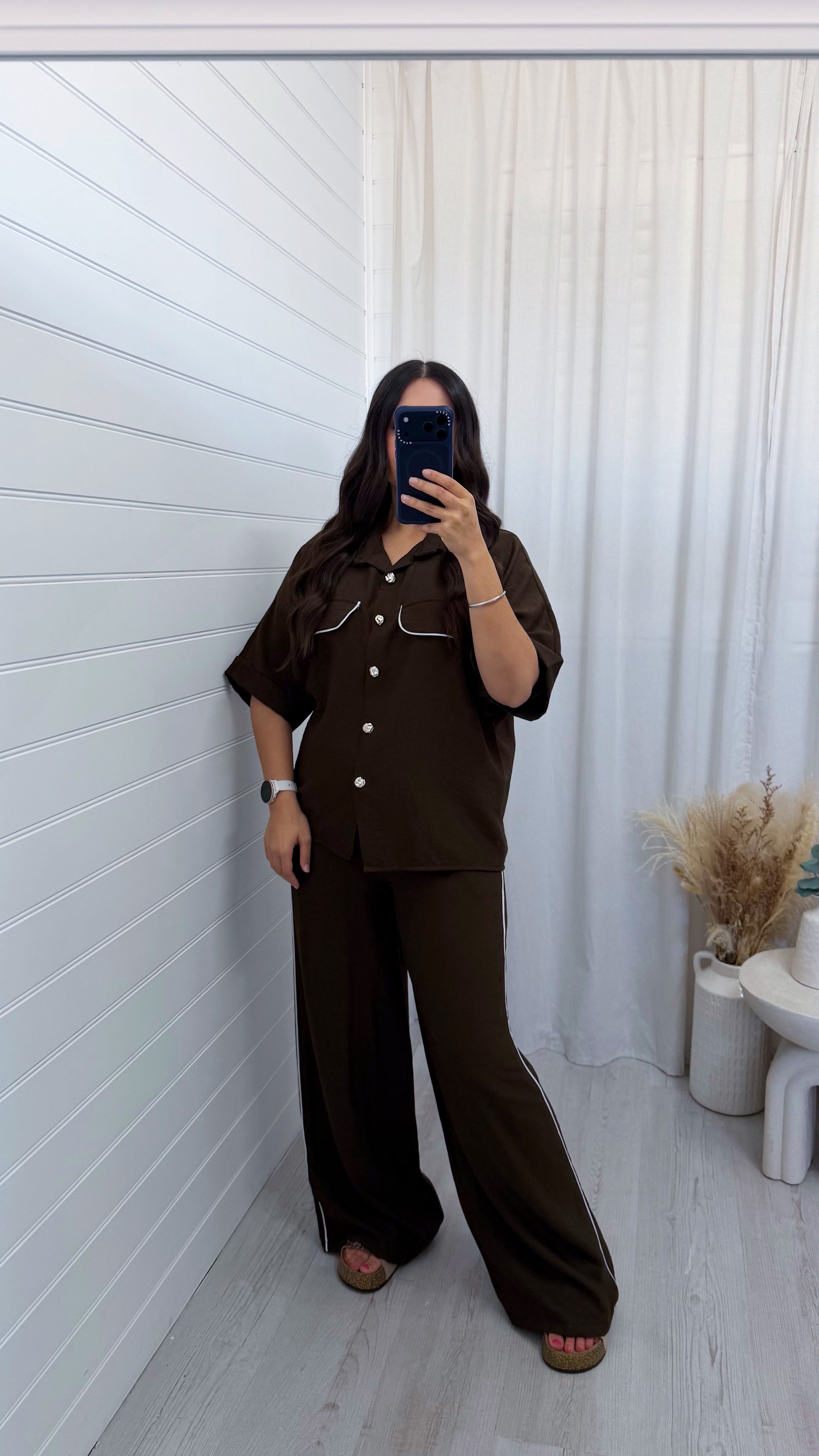 White Piped Shirt and Trousers Co-Ord - BROWN