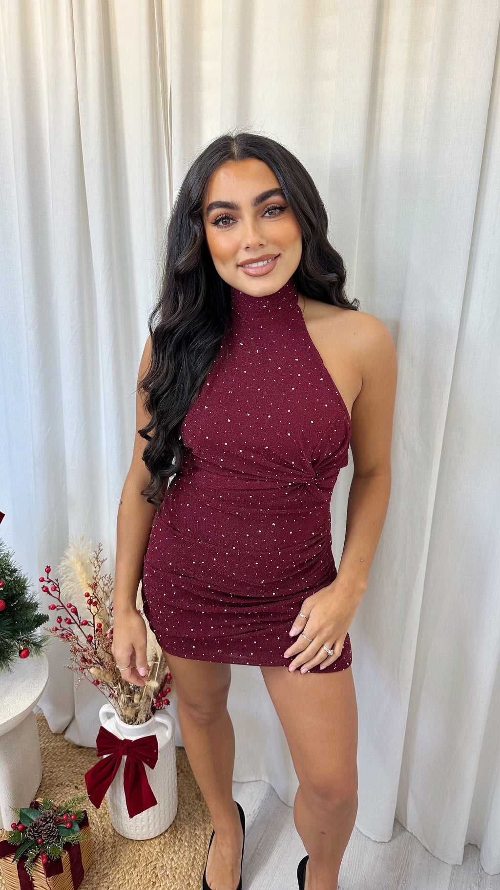 Halter Neck Ruched Rhinestone Dress - WINE