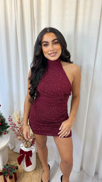 Halter Neck Ruched Rhinestone Dress - WINE