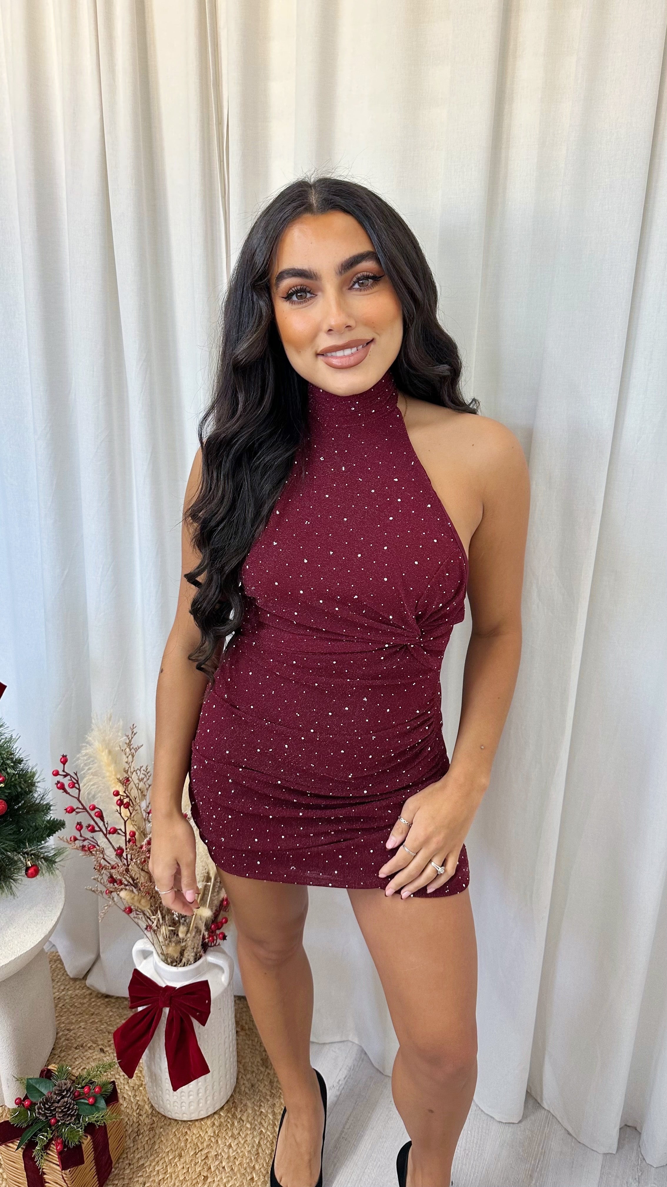 Halter Neck Ruched Rhinestone Dress - WINE