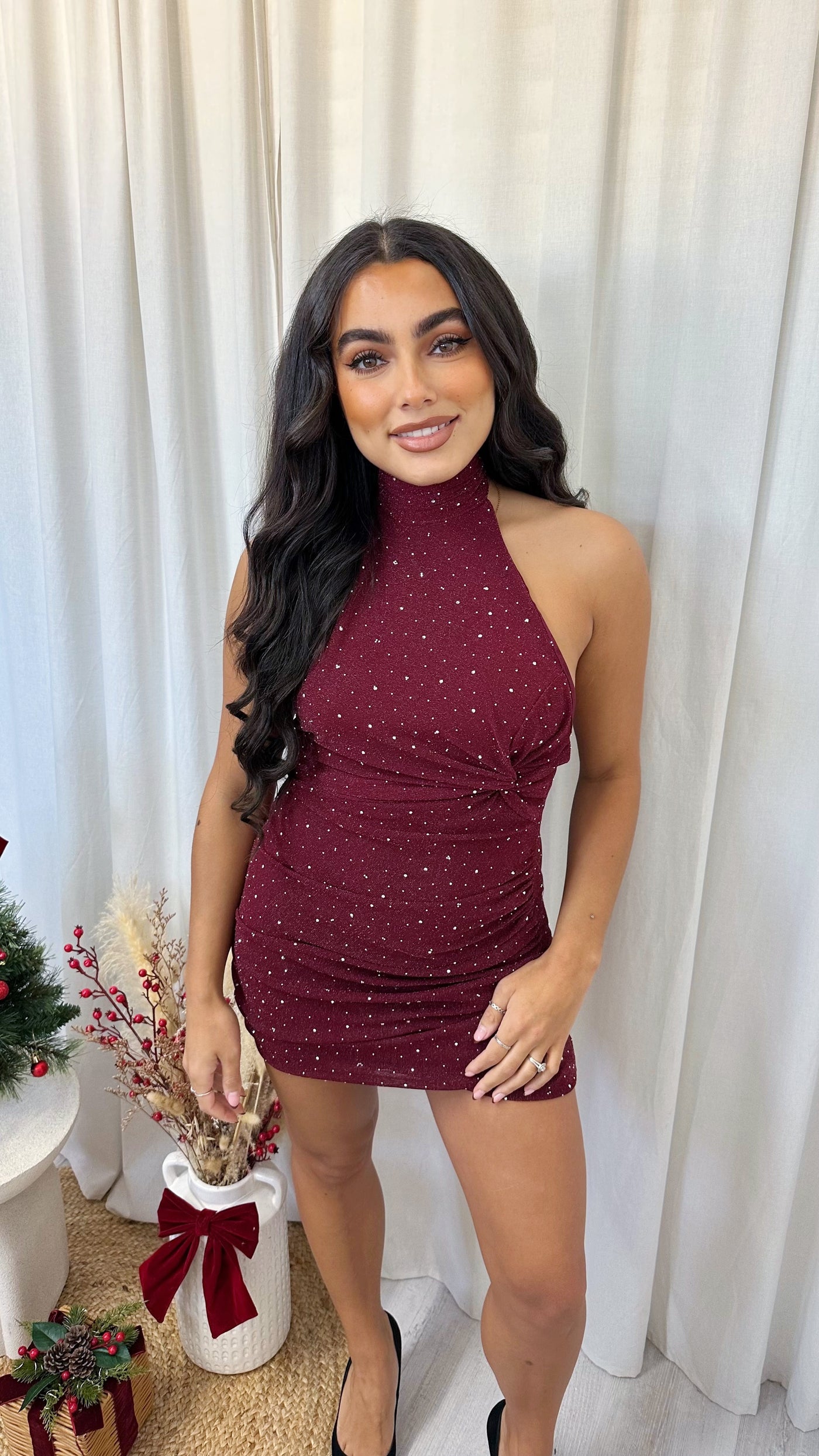 Halter Neck Ruched Rhinestone Dress - WINE