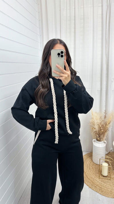 Rope Lace Hoodie and Wide Leg Joggers Co-Ord - BLACK