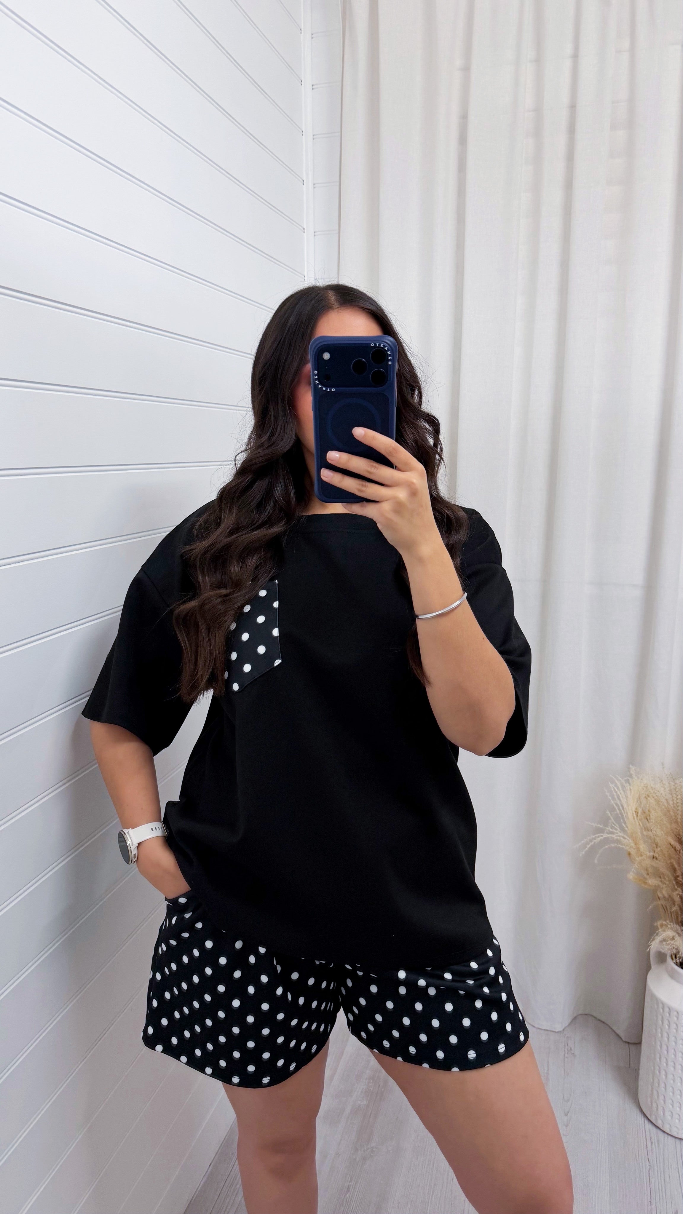 Polka Dot Baggy T-Shirt and Shorts Co-Ord - BLACK