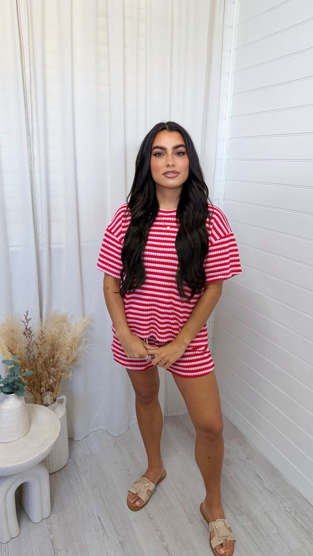 Stripey Knit T-Shirt and Shorts Co-Ord - RED