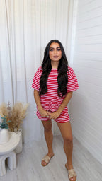 Stripey Knit T-Shirt and Shorts Co-Ord - RED