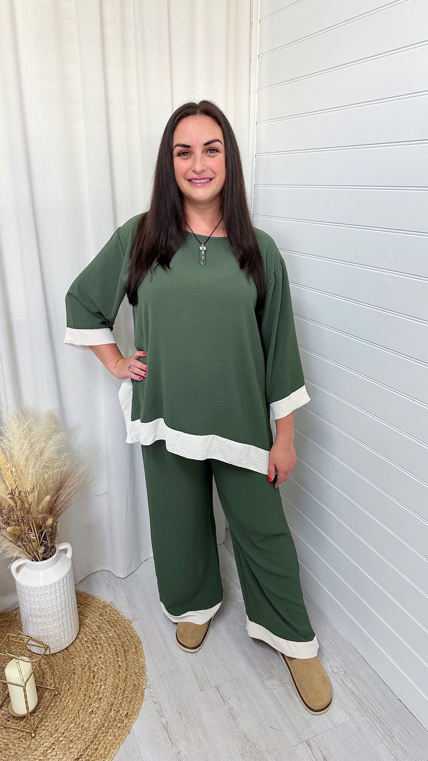 Block Trim Top and Trouser Co-Ord - KHAKI