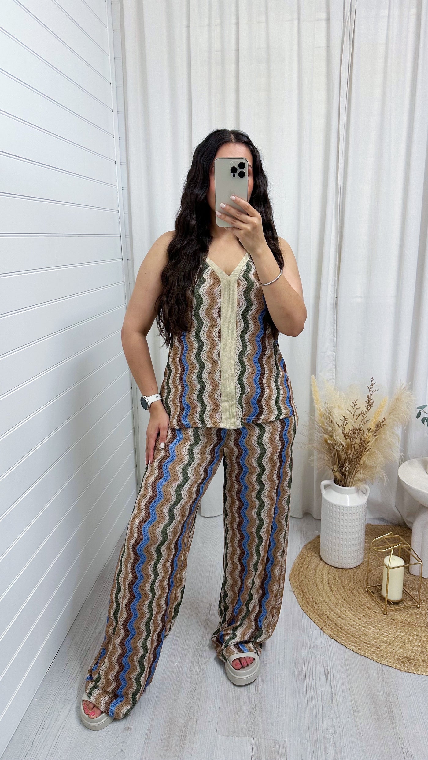 Zig Zag Strappy Vest Top and Wide Leg Trousers Co-Ord - BEIGE/GREEN