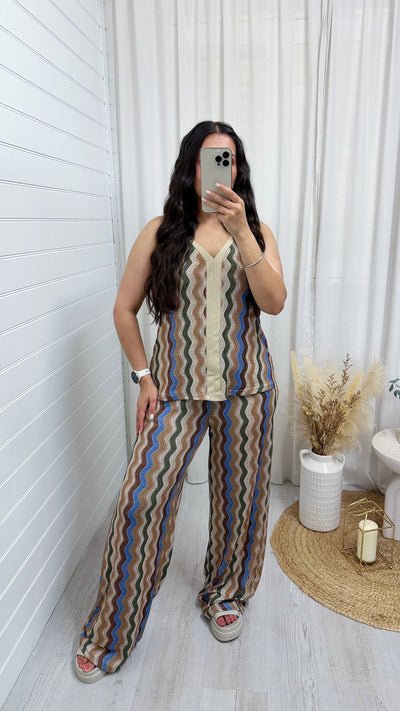 Zig Zag Strappy Vest Top and Wide Leg Trousers Co-Ord - BEIGE/GREEN