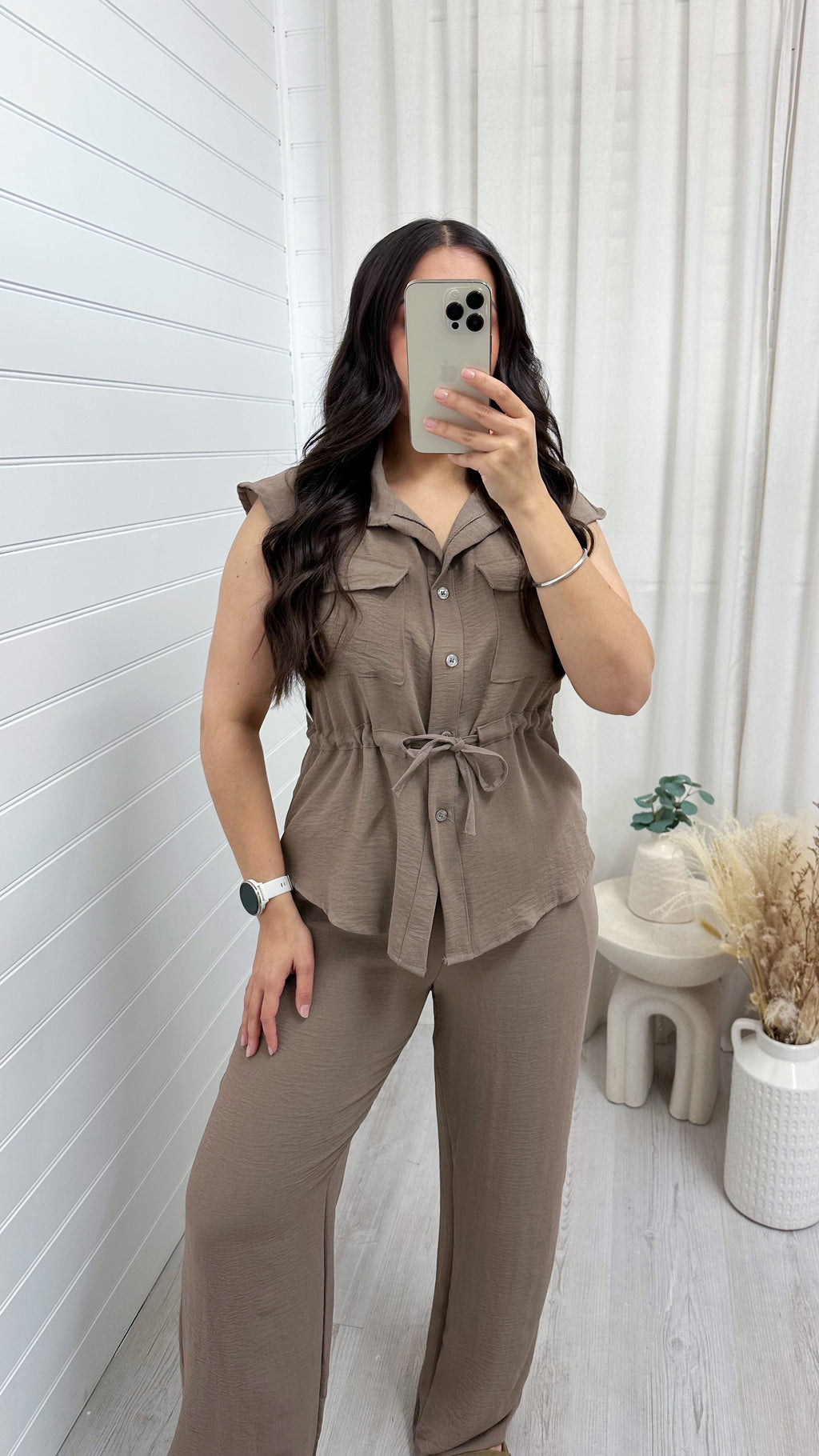 Sleeveless Cinch Shirt and Trousers Co-Ord - TAUPE