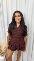 Frill Layered V Neck Top and Skort Co-Ord - BROWN