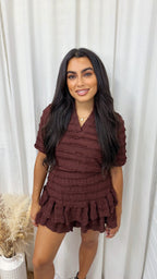 Frill Layered V Neck Top and Skort Co-Ord - BROWN