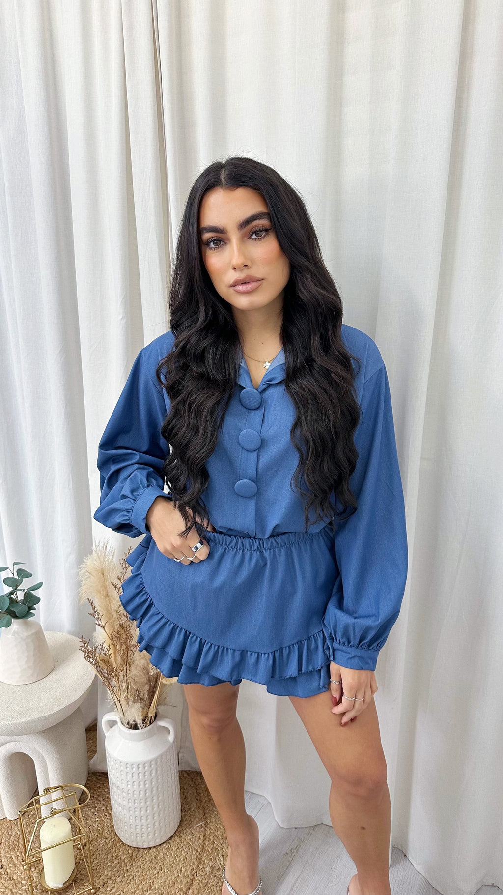 Chunky Button Shirt and Frill Skort Co-Ord - DARK DENIM BLUE